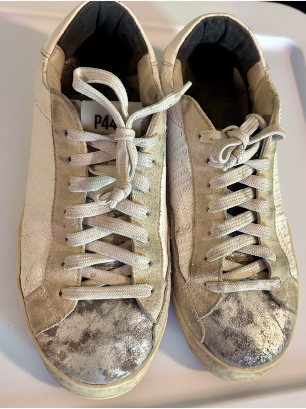 P448 Metallic Silver and Cream Low-Top Athletic Sneakers